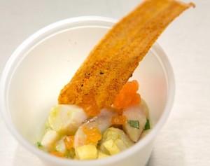 Shrimp, Bass, and Scallop Ceviche with Papaya, Mango, Pineapple, and Plaintain Crisp _jennifer