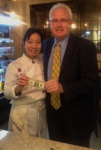 Mary Nguyen, owner and chef of Olive & Finch, with her first customer, Tim Jackson.