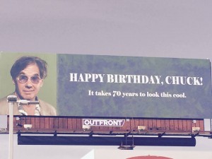 Chuck Morris 70th birthday billboard at 6th and Santa Fe